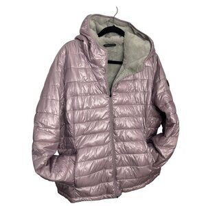 Andrew Marc Womens Reversible Puffer Jacket W/ Faux Fur Interior Lavender Hooded